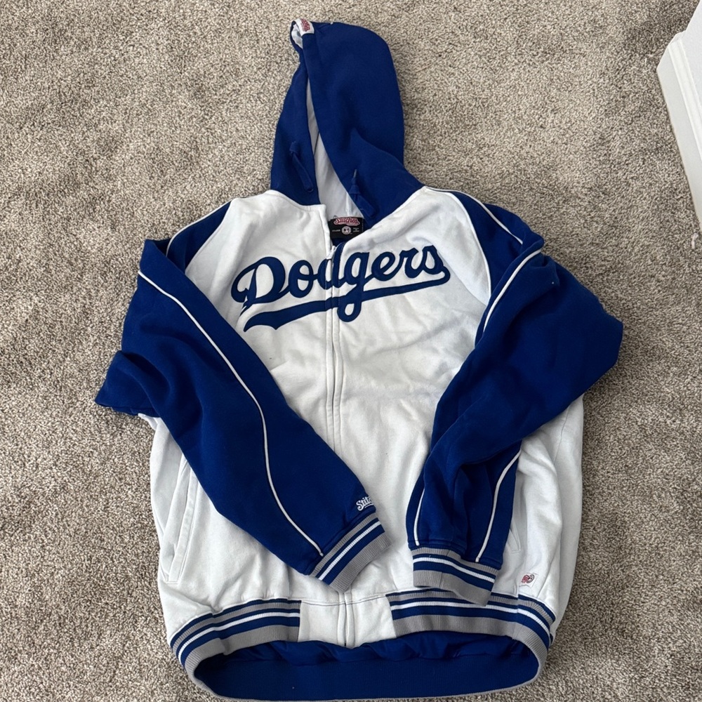 Stitches Blue and White LA Dodgers logo full zip thick Hoodie jacket XXL 2XL